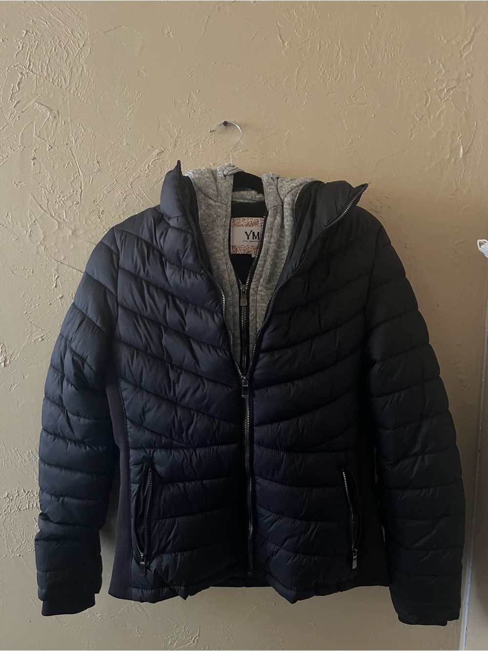 YMI Black Quilted Puffer Jacket with Gray Hooded Liner